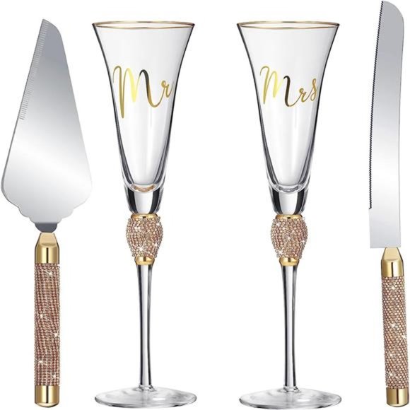 4 Piece Wedding Toasting Flutes and Cake Server Set Wedding Reception Supplies - Picture 1 of 7